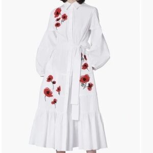 New Carolina Herrera Embroidered Midi Shirt Dress Size 8